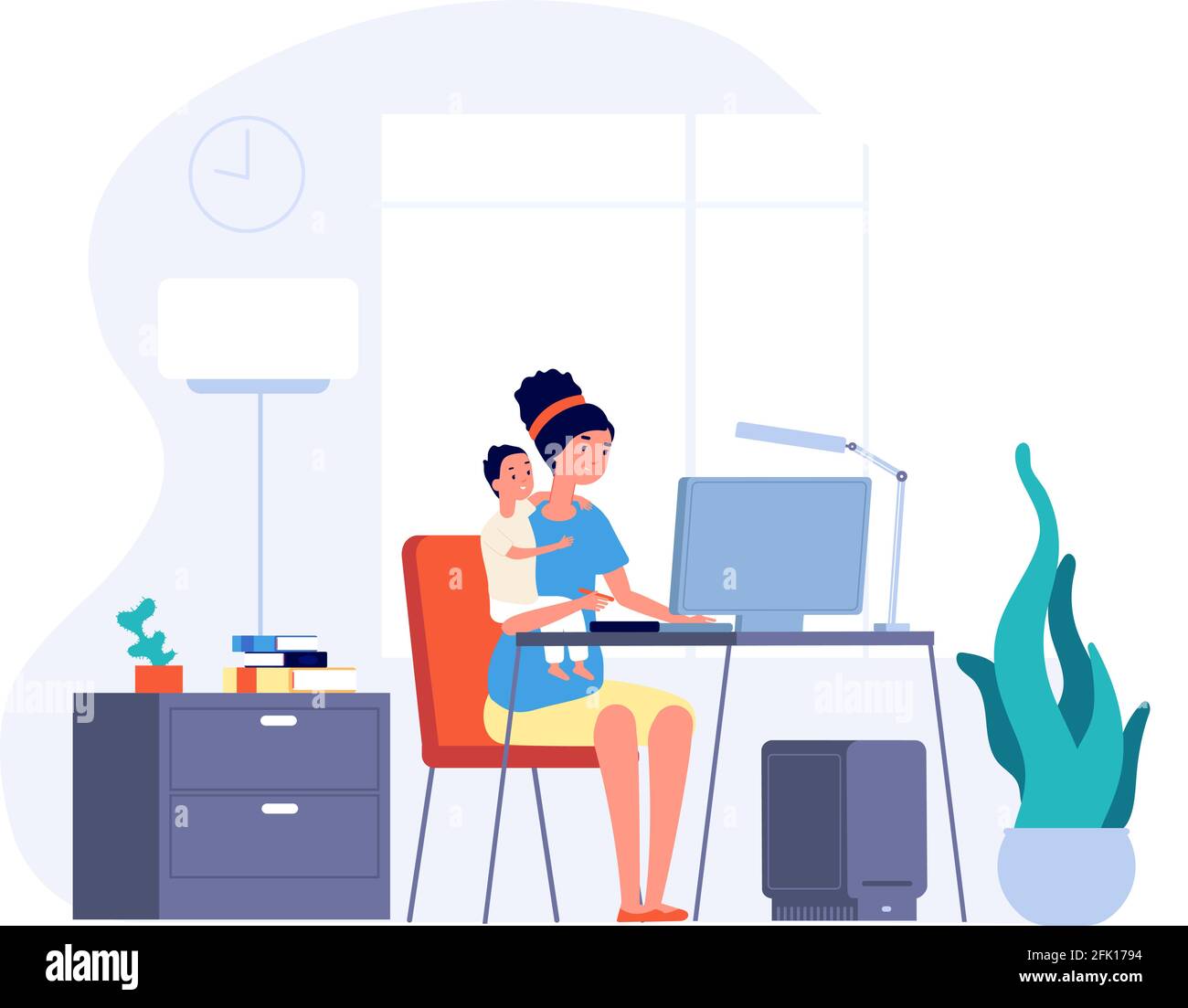 Mother freelance worker. Female working home and hugs baby. Professional mom, maternity and job. Woman freelancer with kid vector concept Stock Vector
