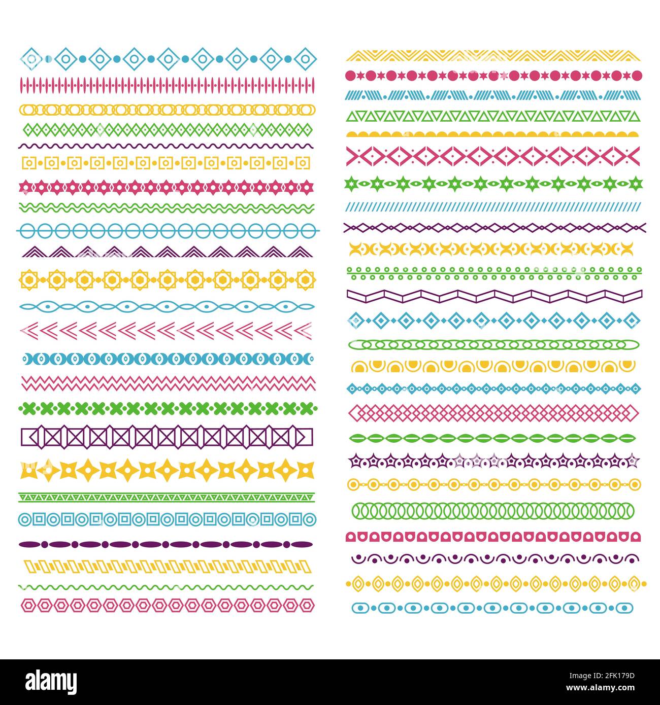 Line borders. Color pattern dividers with lines, circles and squares. Horizontal wavy frame for text decoration, typographic vector ribbons Stock Vector