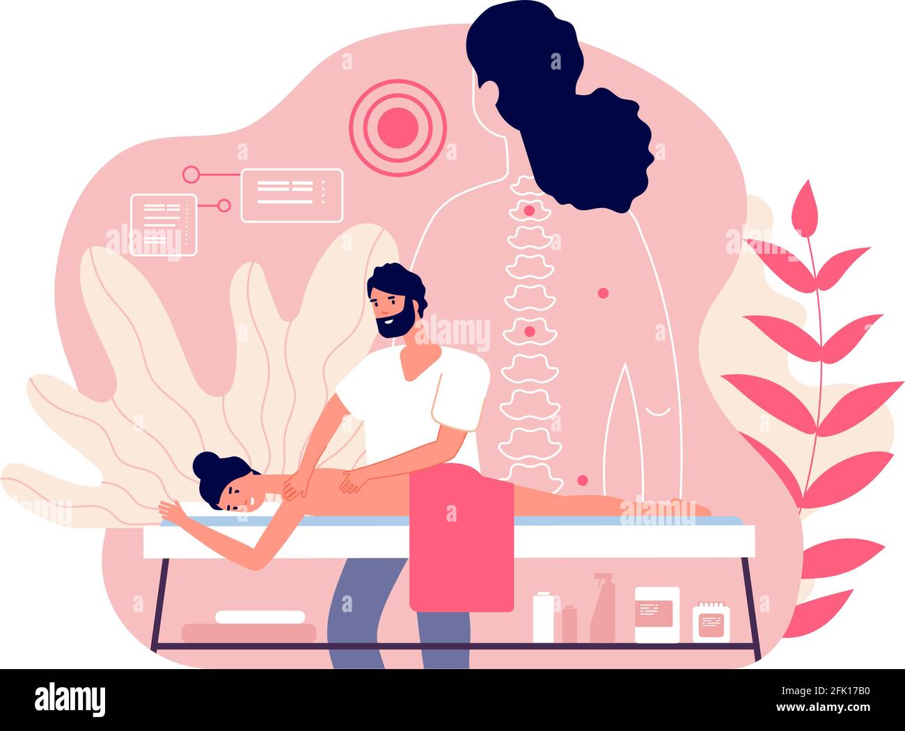 Massage. Woman enjoy relaxing spa. Professional body and muscle pain treatment with doctor. Wellness and healthcare vector concept Stock Vector