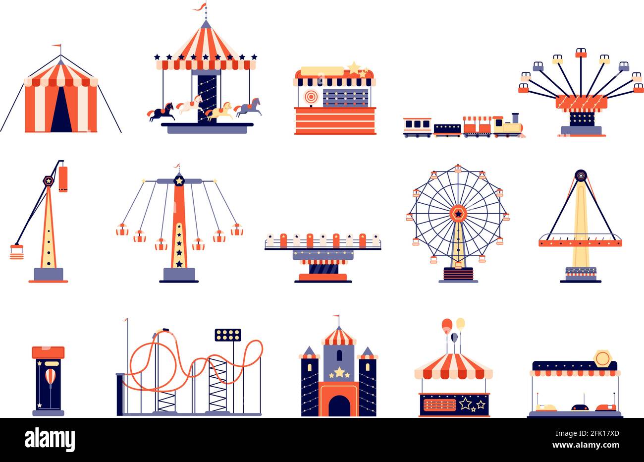 Amusement park. Fun recreation playground, amusements and carousels. Children attractions, rollercoaster and ferris wheel. Fair vector set Stock Vector
