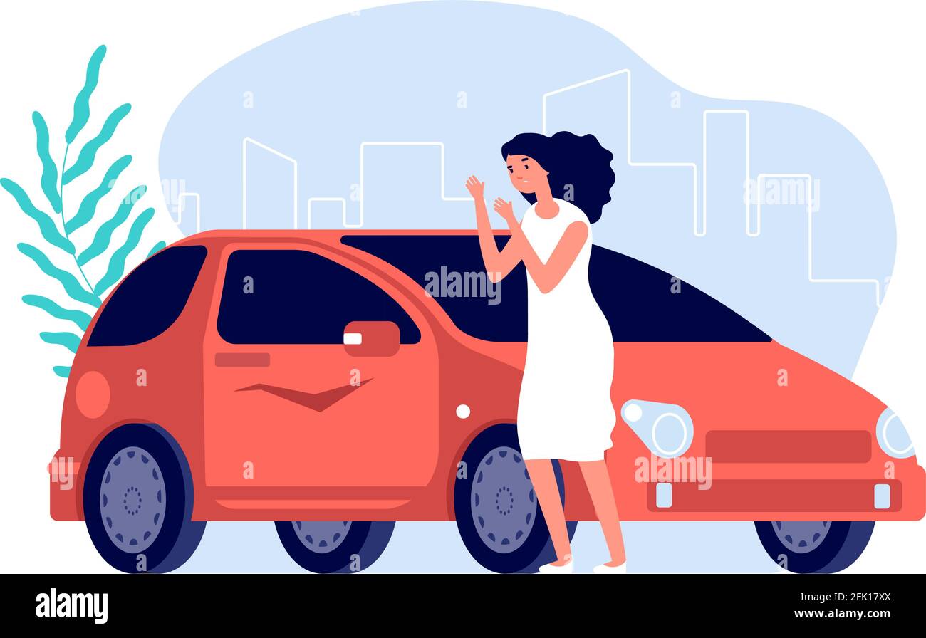 Car scratches. Sad woman, flat worry girl with red auto. Spoiled transport needs repair