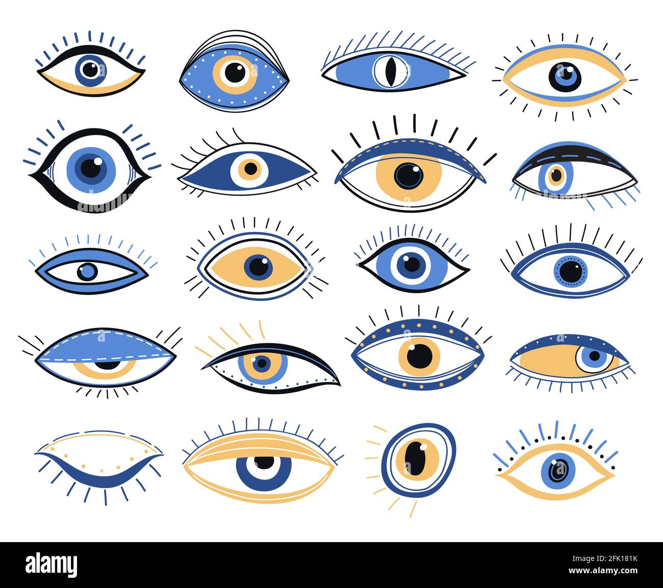Evil eye. Graphic eyes elements, traditional energy talismans. Magic looking amulet, decorative alchemy occult mystic symbols vector signs Stock Vector