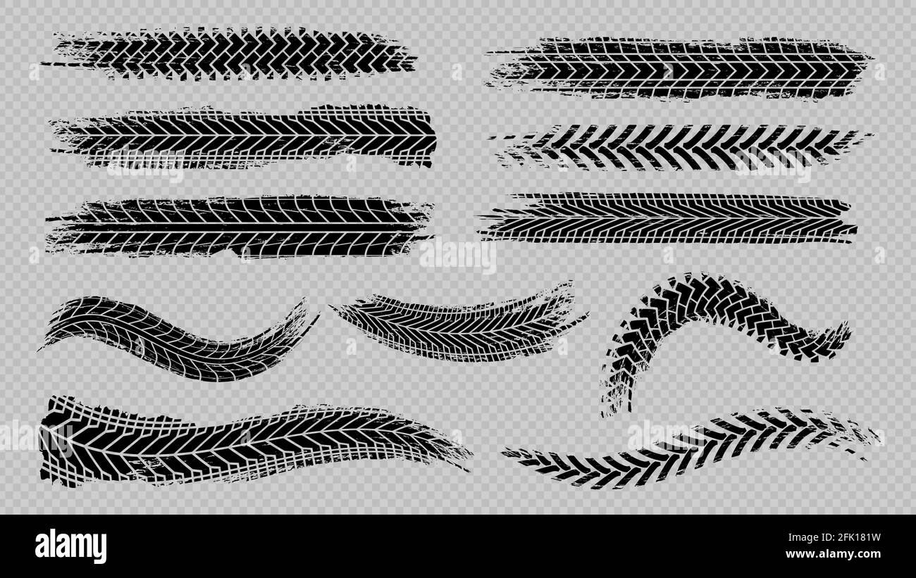 Tire trace track. Abstract wheels braking distances, tread silhouettes