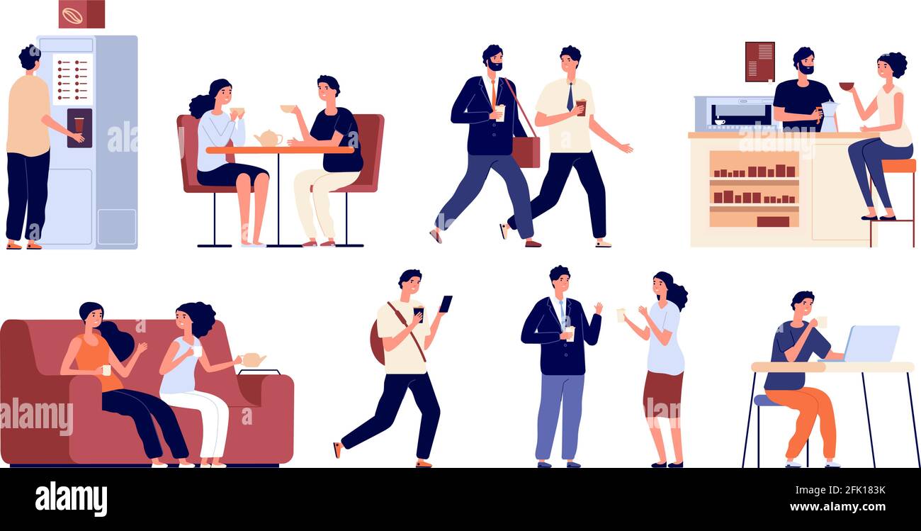 People with hot beverages. Flat young friends drink coffee or tea