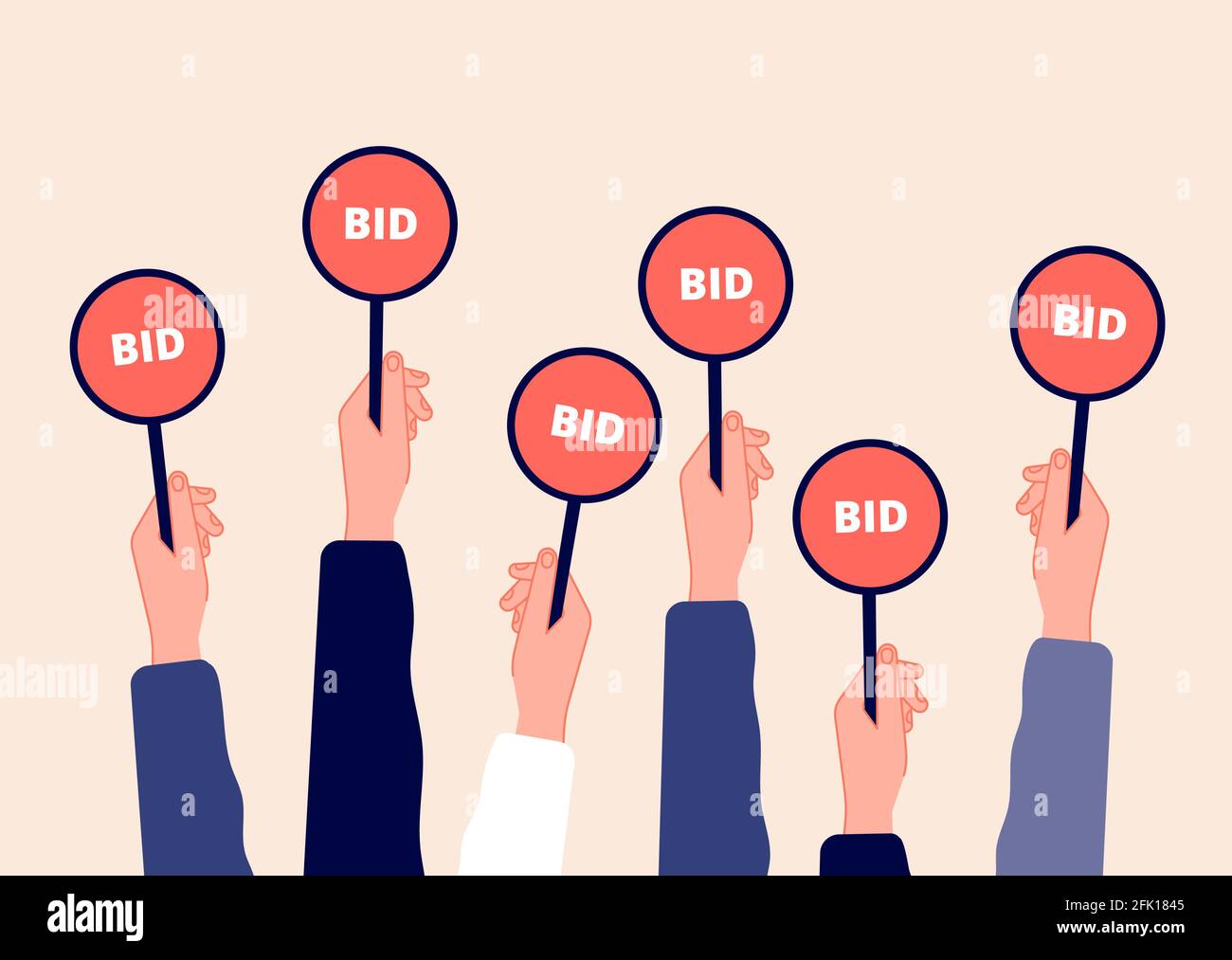 Auction bidding. Hands holding bids. Sale and buyers, business competitors on financial auctioneer. Flat arm with tablet vector illustration Stock Vector
