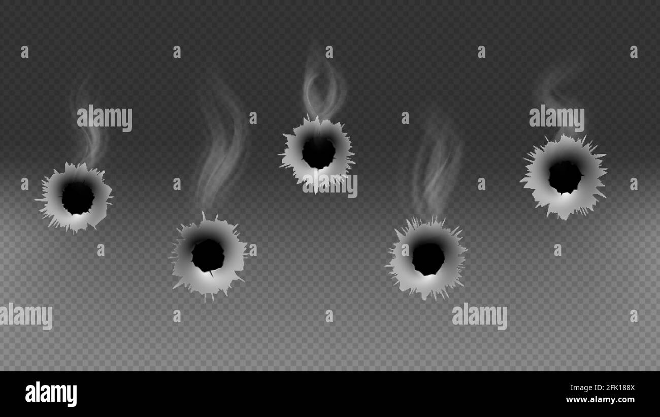 Bullet holes. Shoot gun, smoke effect or criminal illustration. Isolated on transparent background military vector elements Stock Vector