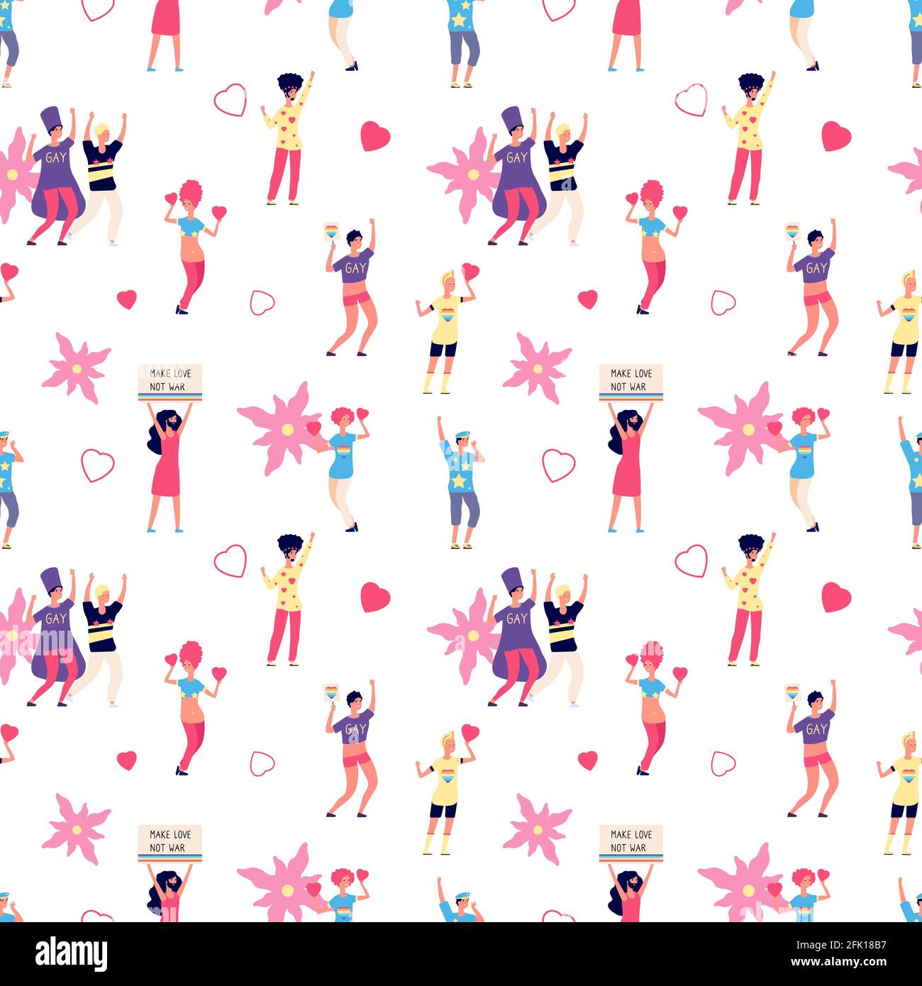 Gay pride. LGBT background with rainbow hearts and flowers. Bisexual, lesbian and transgender vector seamless pattern Stock Vector