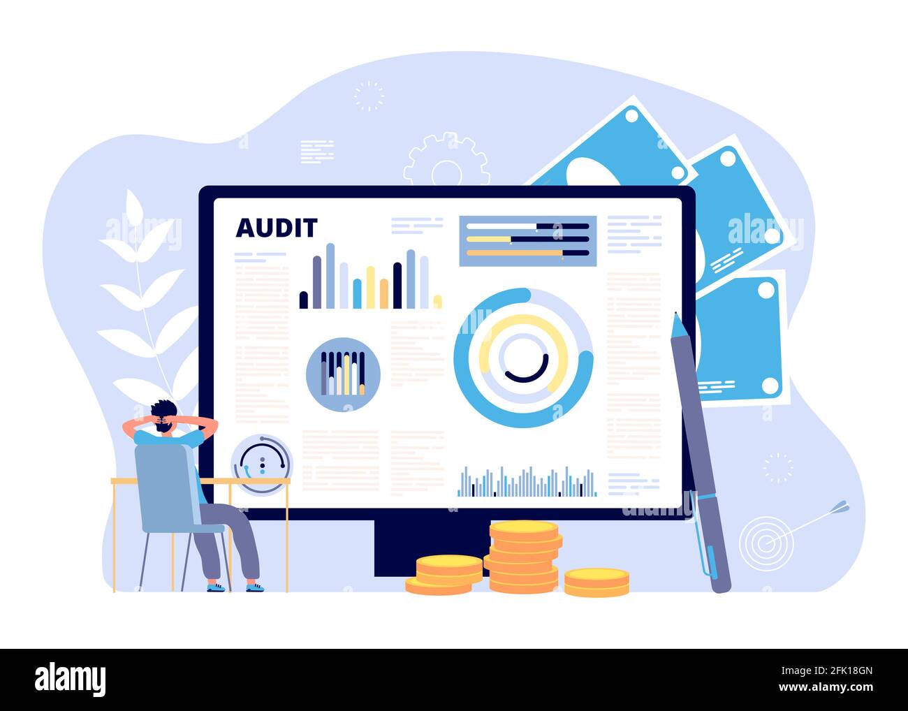 Financial audit concept. Business strategies, risk inspect. Economy research and analysis, assessment stock. Balance control or finance education Stock Vector