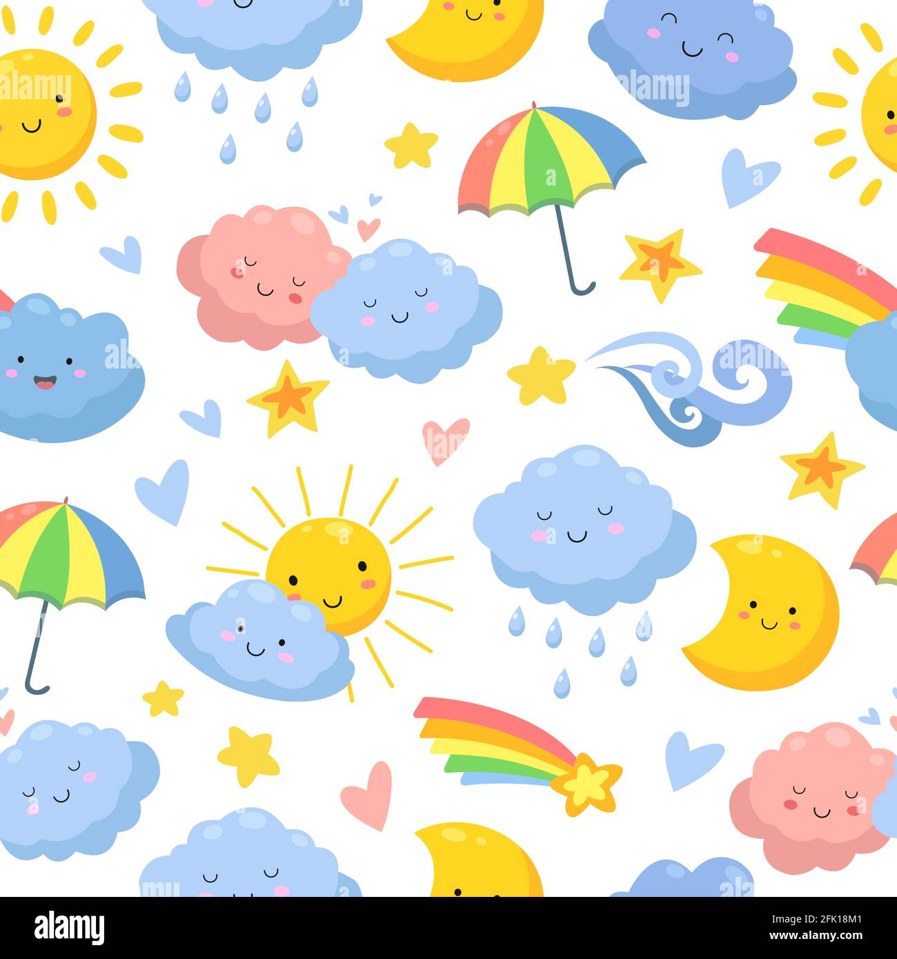 Cute clouds pattern. Sky backdrop, dream and stars. Nursery wallpaper, clothes print drops and sun. Funny nature vector seamless texture Stock Vector