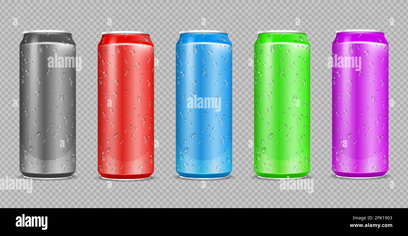 Color aluminium cans. Realistic water drops on drink steel bottles. Can