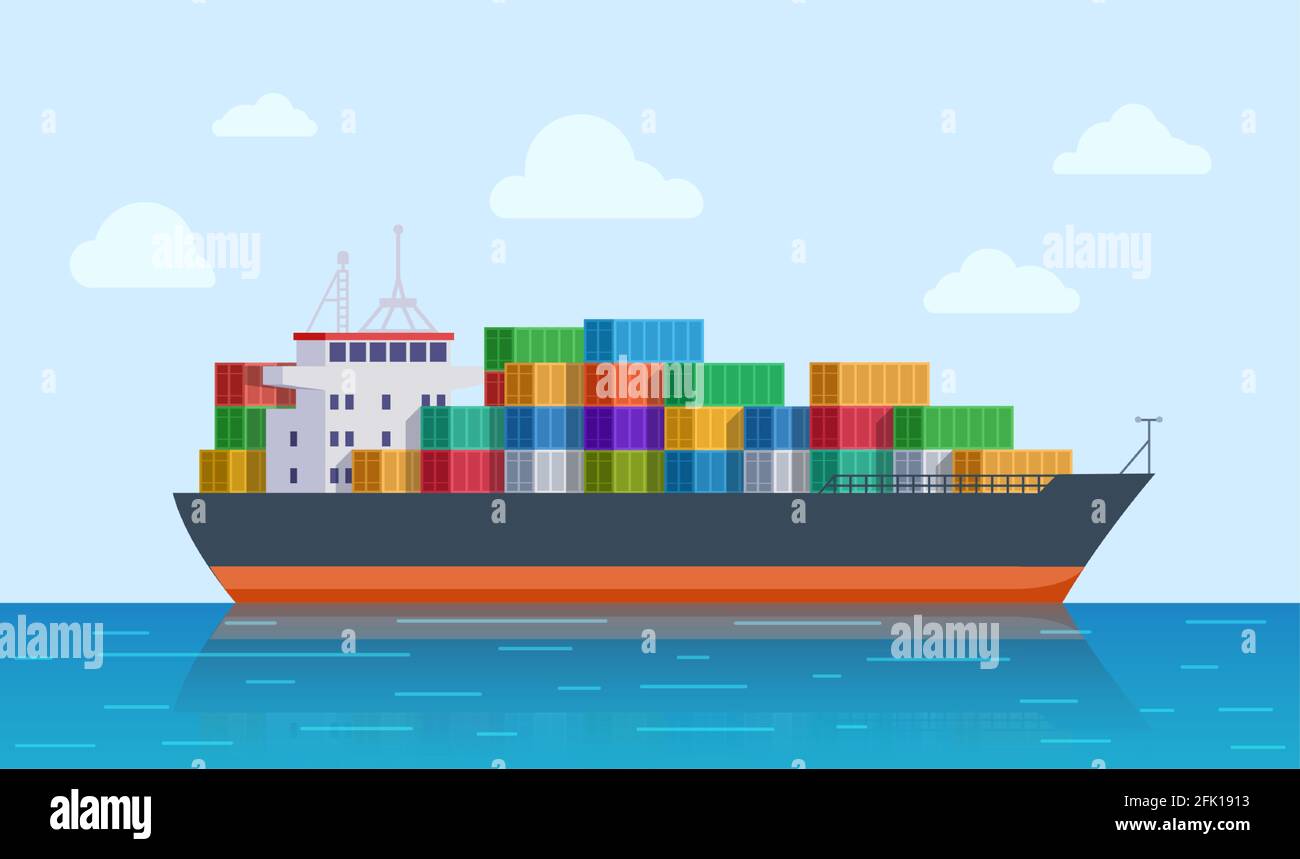 Cargo ship. Vessel port, export or import tanker shipping. International sea logistic. Marine transport and delivery vector illustration Stock Vector