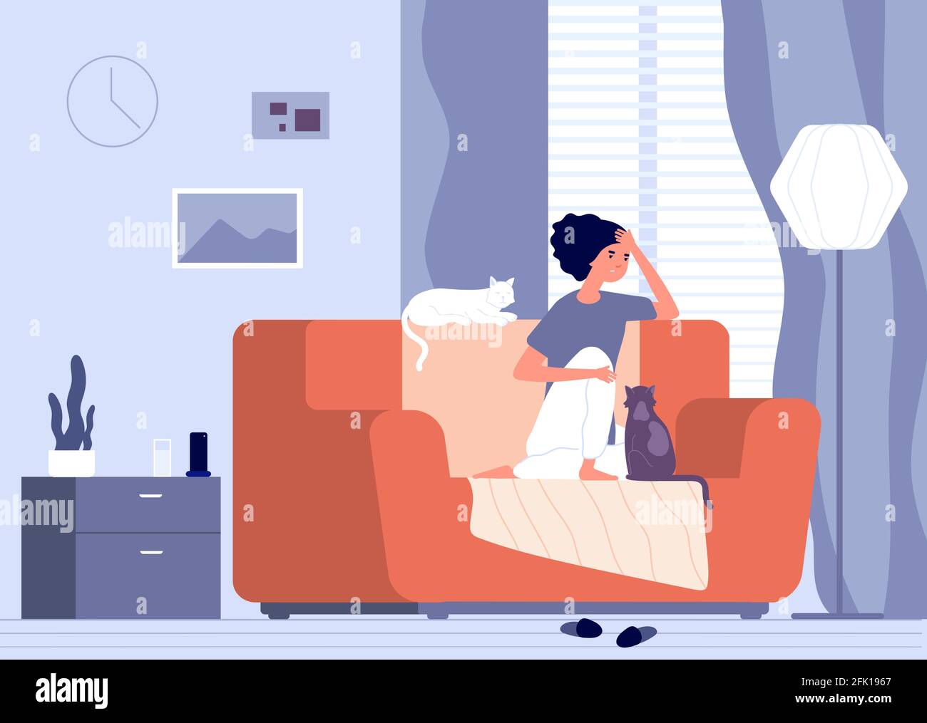 Woman and cat. Cartoon pet, young girl with animal in apartment. Home relax, comfortable rest interior. Lady and kittens vector illustration Stock Vector