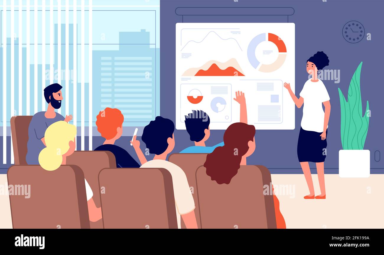 Business seminar. Woman speaker conference presentation success. Businesswoman reading lecture. Coach marketing strategy vector illustration Stock Vector