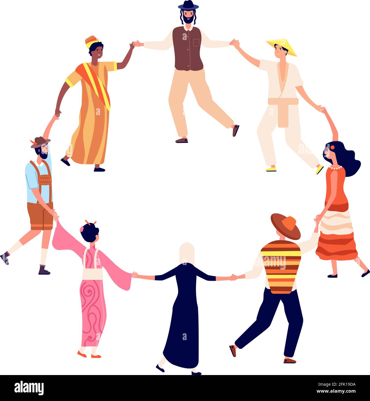People round dance. Adults friends circle in dancing. Friendship, humans hold hand. Men women together, multicultural society vector concept Stock Vector