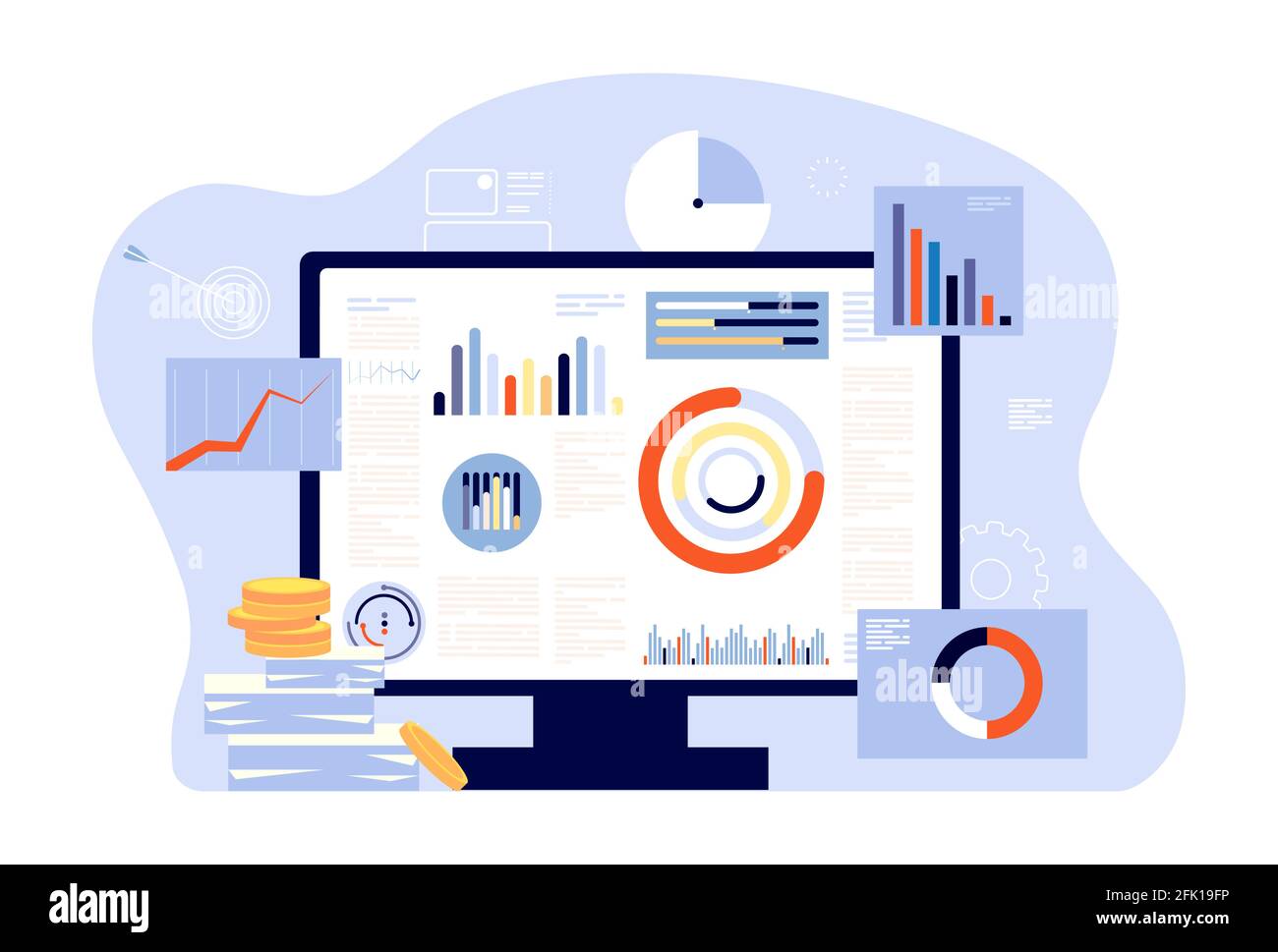 Financial report and accounting. Audit, investment success or tax reports. Computer screen, charts and graphs. Account business programm vector Stock Vector