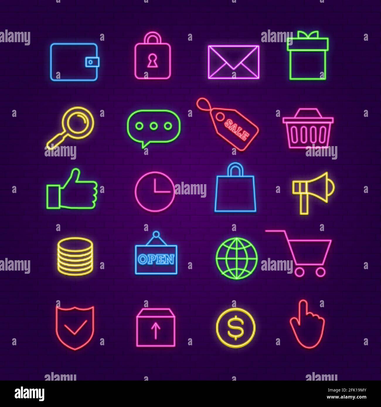 Shopping neon icons. E-commerce, trade colorful signs with glow effects. Store cart, money, box and sale badge vector lighting symbols on brick wall Stock Vector