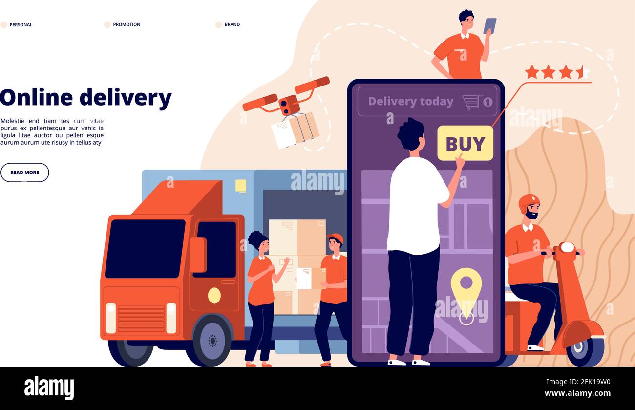 Online delivery. Ecommerce promote, fast service supply. Courier on bike, smart logistic truck. Male internet shopping vector landing page Stock Vector