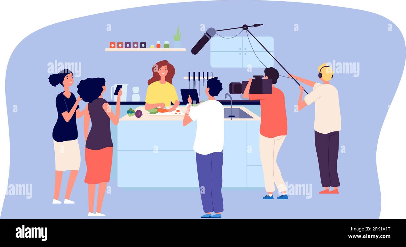 Culinary workshop. Cooking TV show, live streaming. Chef blogger in kitchen, fans and movie makers team vector illustration Stock Vector