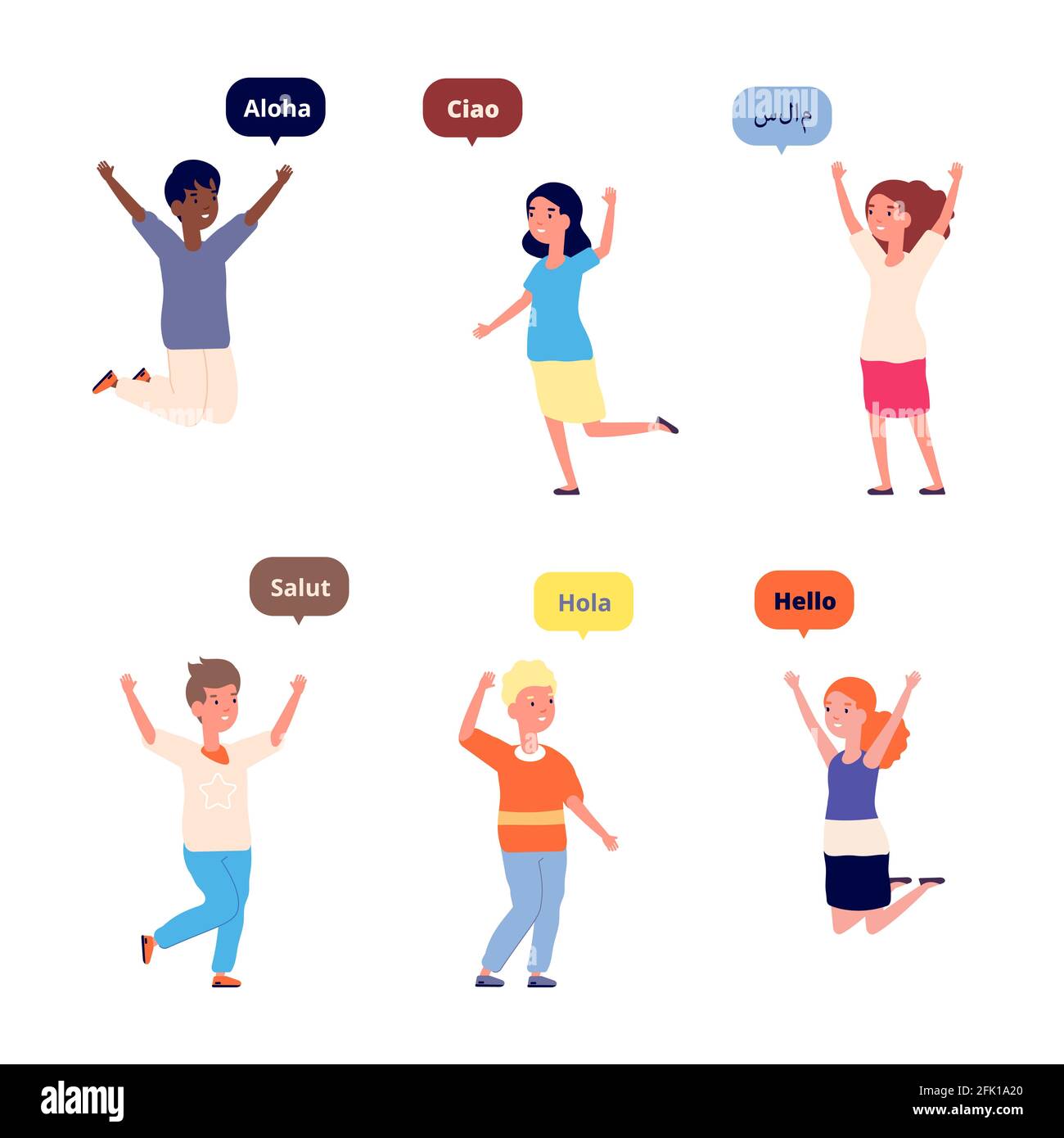 International hello. Friendly children, greetings on foreign language