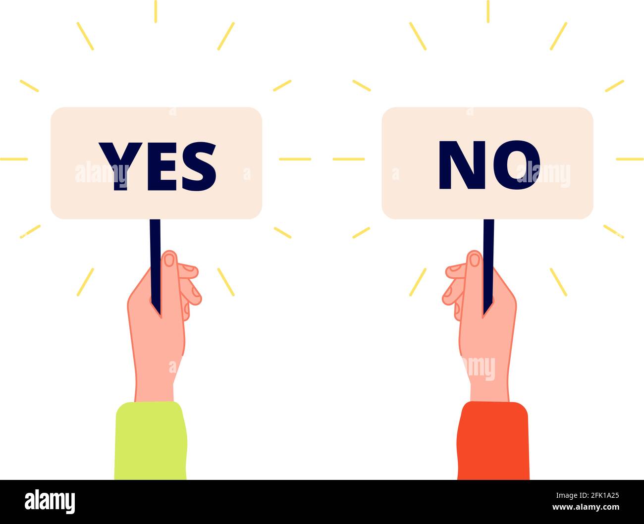 Yes no banner. Choice, vote icons. Businessman hand holding plates with positive and negative sign. Select true or false vector illustration Stock Vector