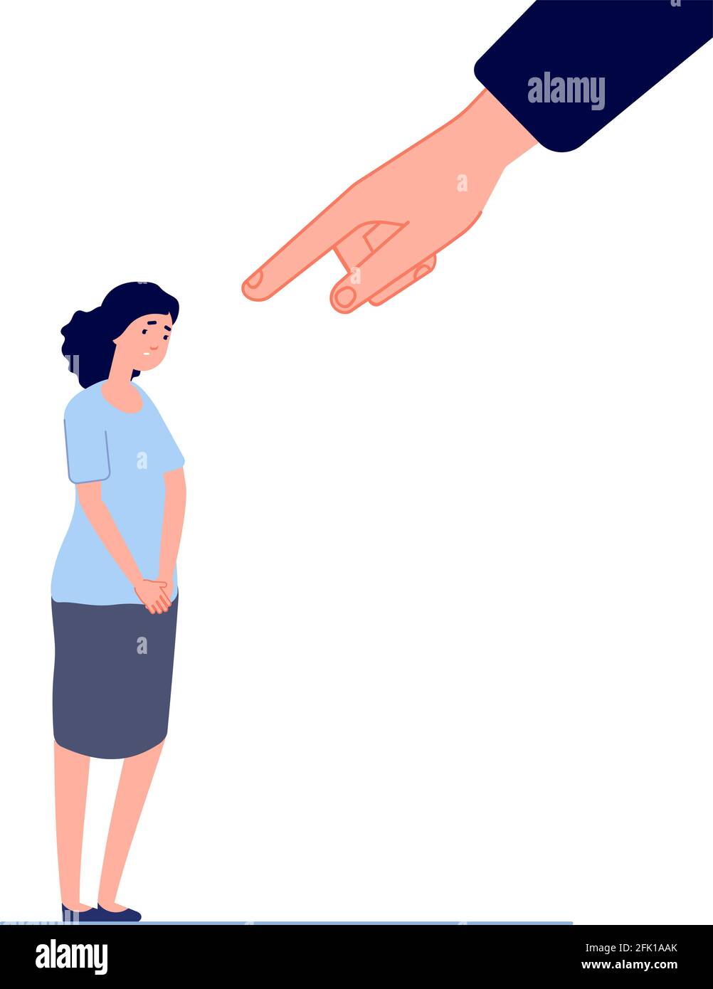 Victim blaming. Female fear, hand pointing to disgraced woman. Shame or anxiety, sad depressed crying girl. Bullying attack vector concept Stock Vector