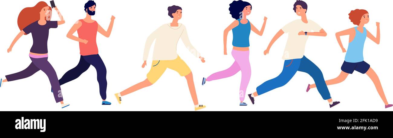 Running people. Crowd jogging, isolated runners. Adult group athletic, healthy activity men women. Fitness sport training. Business sprint vector Stock Vector