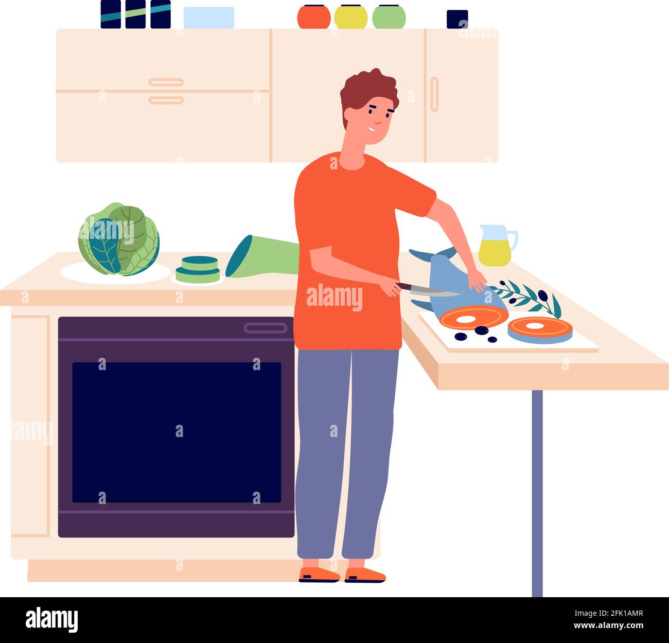 Man chef. Guy cutting fish in kitchen. Cooking, healthy eating and diet