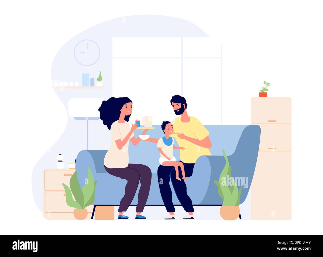 Parents and baby. Feeding infant, happy young family together. Mother father and toddler on sofa with food vector illustration Stock Vector