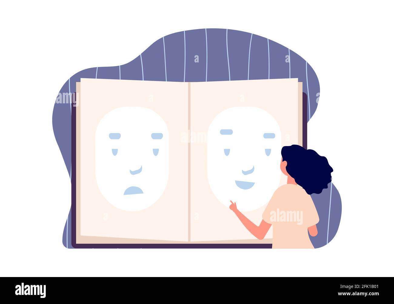 Face mask. Depression problem, smile sad faces. Girl choose emotion, personality loss. Fake happy character. Female change individual, psychology or Stock Vector
