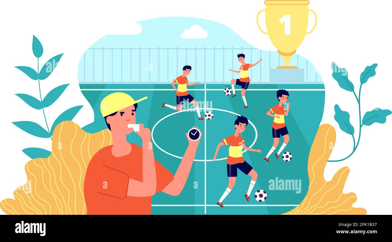 Kids football. Soccer play learning. Summer sport camp, kids team