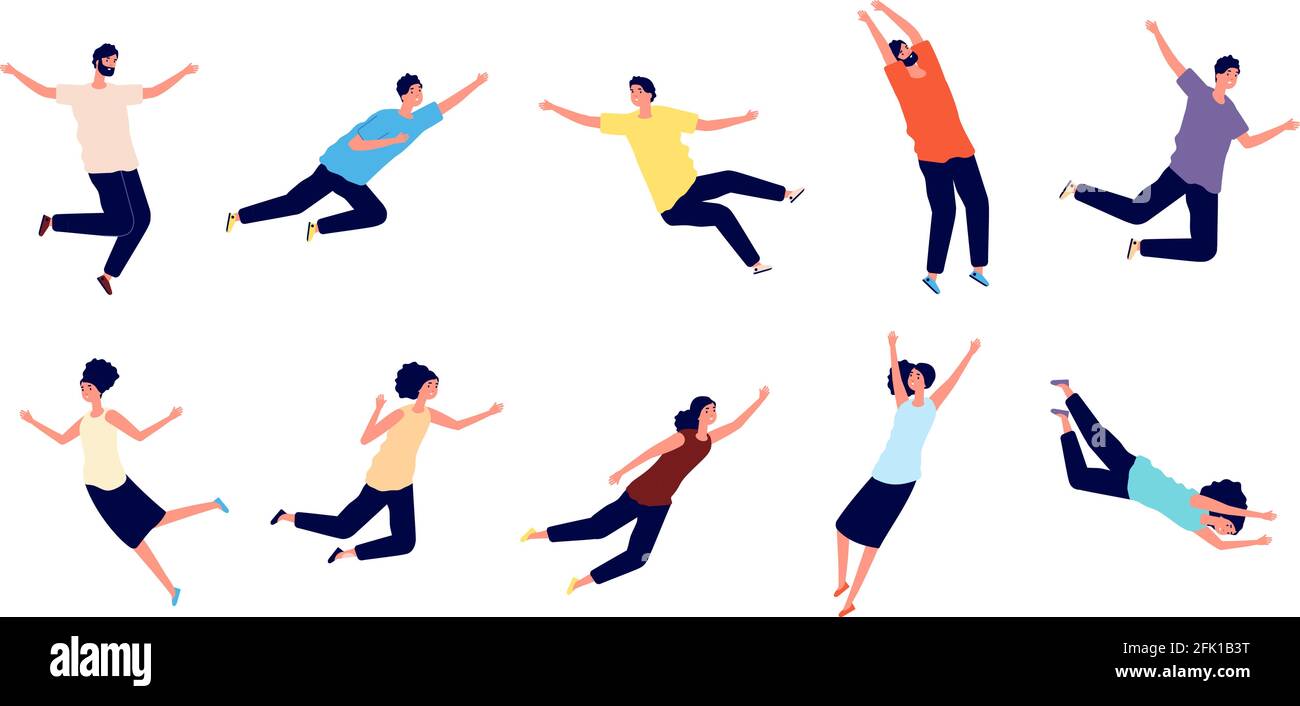 Flying people. Falling woman man. Dreams of persons, fly in air space. Floating pose, imagination and creativity character flight vector set Stock Vector