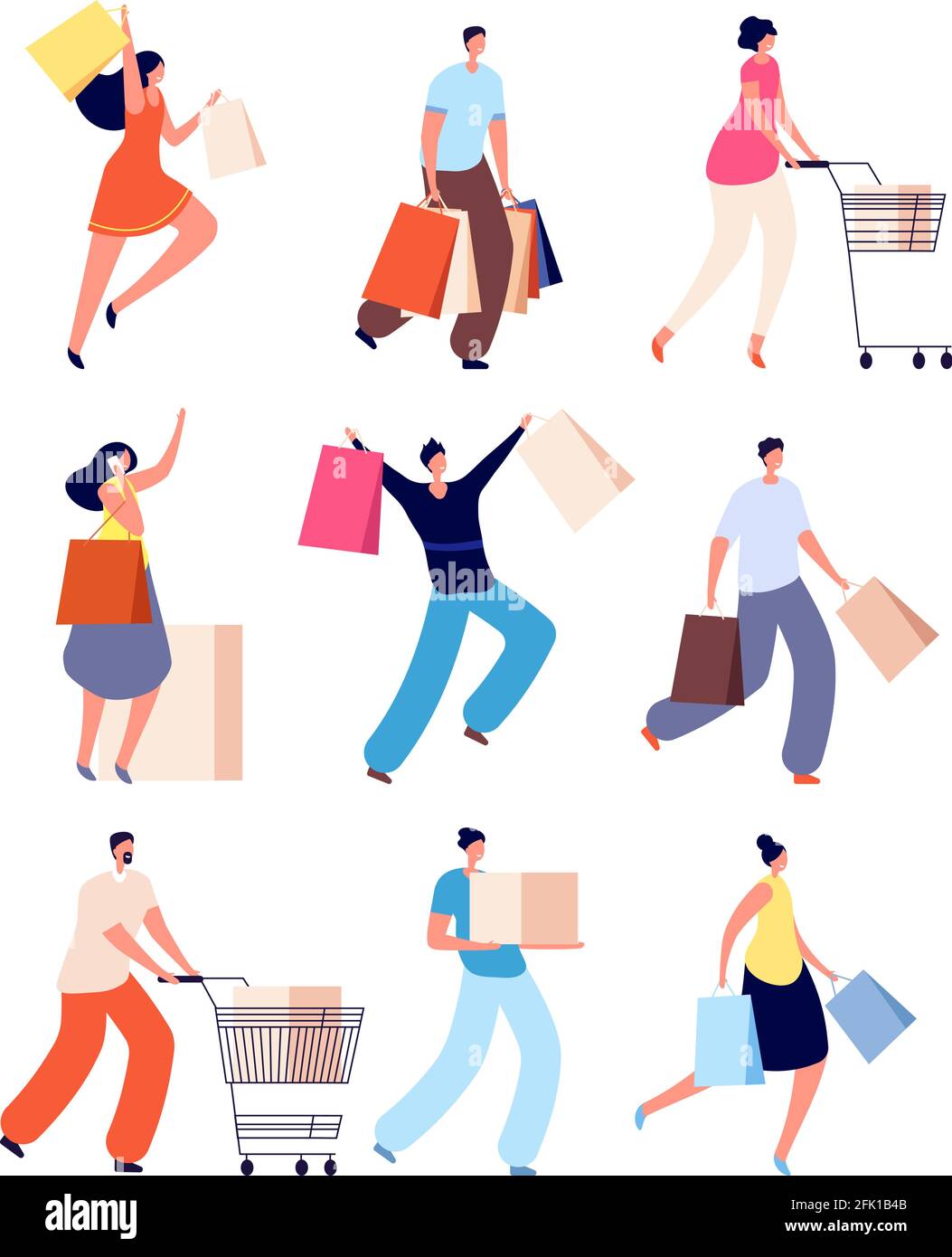 Shopping people. Female with shop bags. Sale offer, joyful guy and girl. Adults walking and buying, isolated shopper with cart vector set Stock Vector