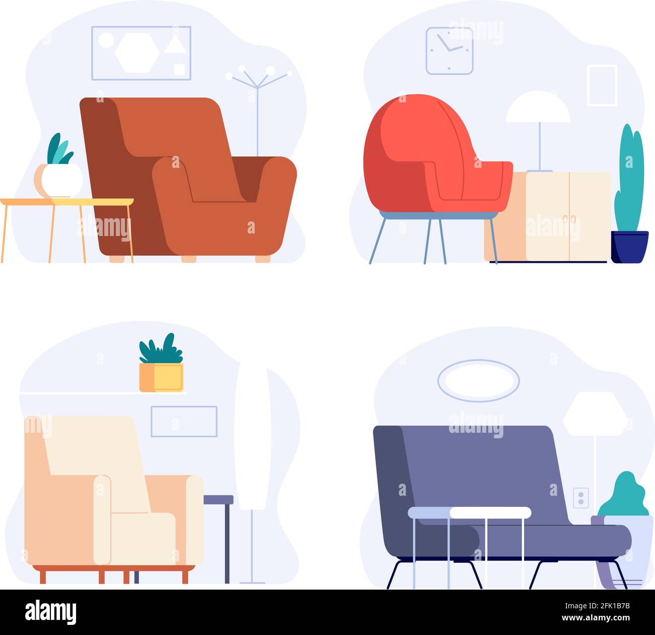 Scandinavian interior. Minimalist room furniture. Cute trendy lounge zone with armchair, pictures and plants. Modern stylish home vector set Stock Vector