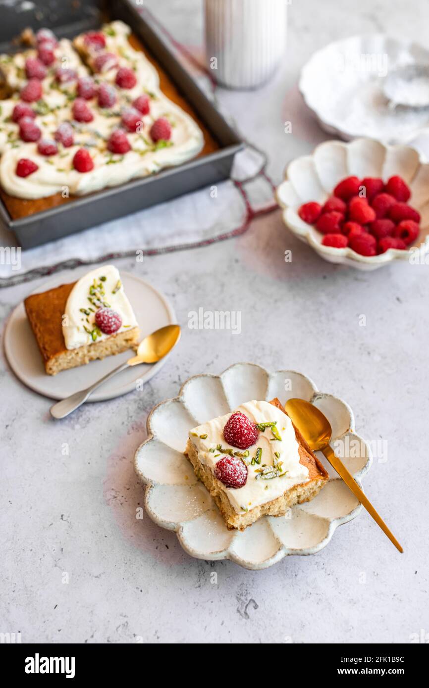 Tres Leches Cake with Raspberries Stock Photo