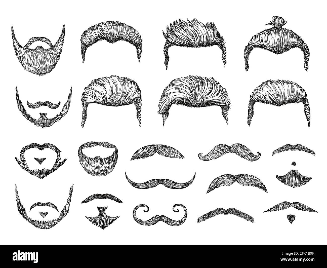 Male hairs sketch. Beard, mustache facial elements. Hand drawn hipster haircuts. Isolated fashion models barber shop hairstyles vector set Stock Vector