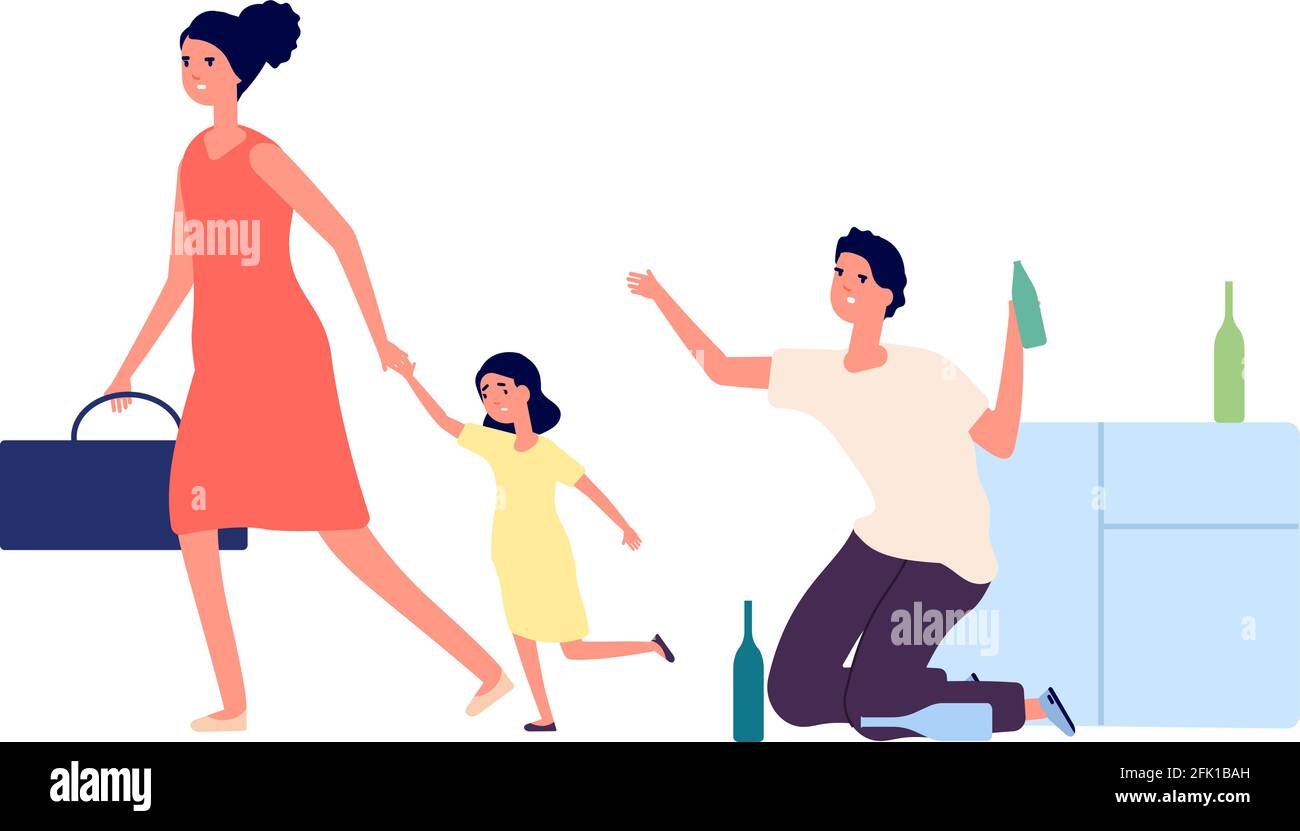 Alcoholism addiction. Drunk man, angry woman and sad girl. Wife with daughter leave husband. Divorce, quarrel in family vector illustration Stock Vector