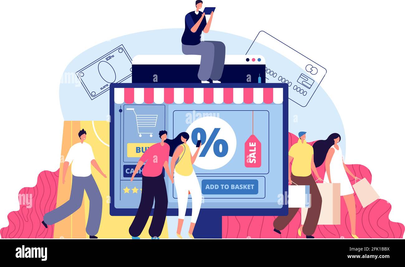 Online shopping. Phone shop, person buying on laptop. E-commerce, bags purchasing or parcel delivery. Modern people shoppers vector concept Stock Vector