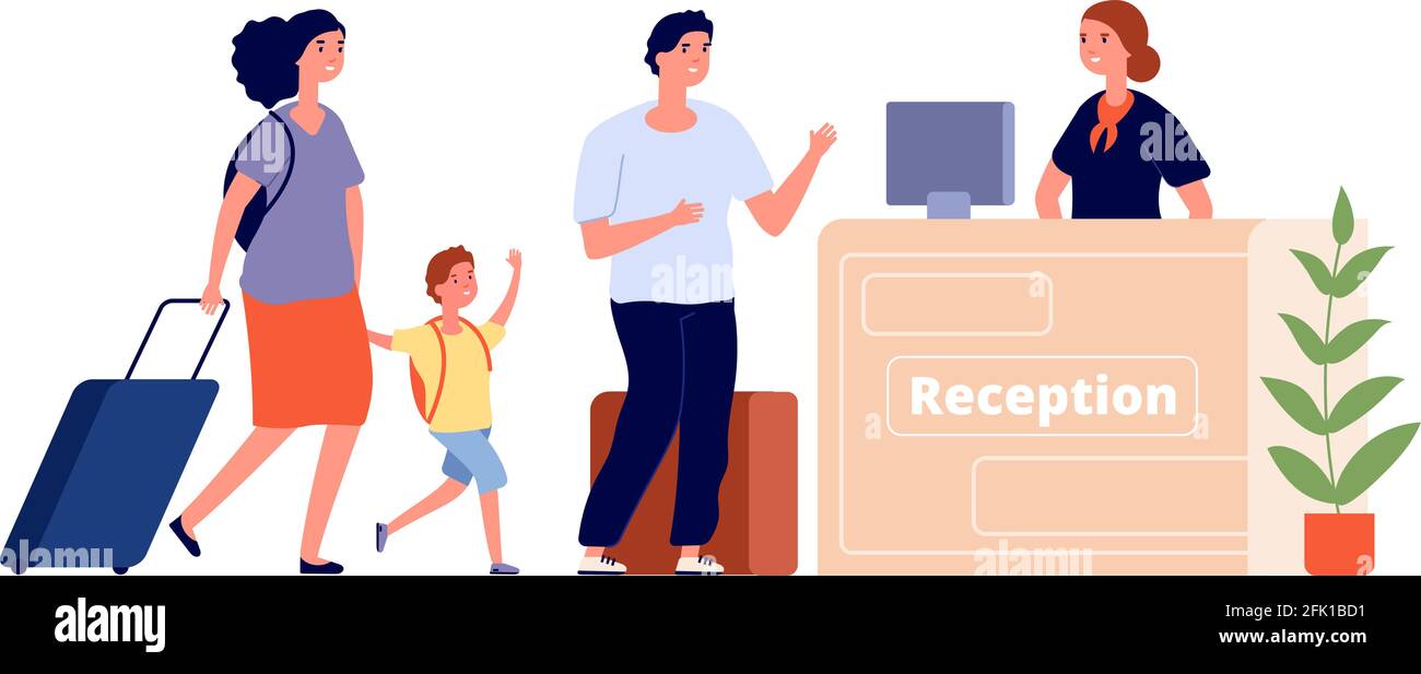 Reception desk. Hotel area, travel family and receptionist. Man woman guest in lobby. Check in, accommodation services vector illustration Stock Vector
