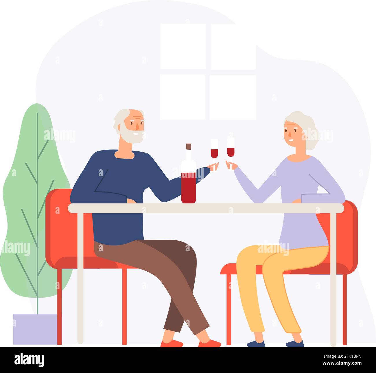 Couple on meeting. Elderly people on restaurant drinking wine. Happy husband and wife, old man woman spend time together. Grandparents celebrates Stock Vector