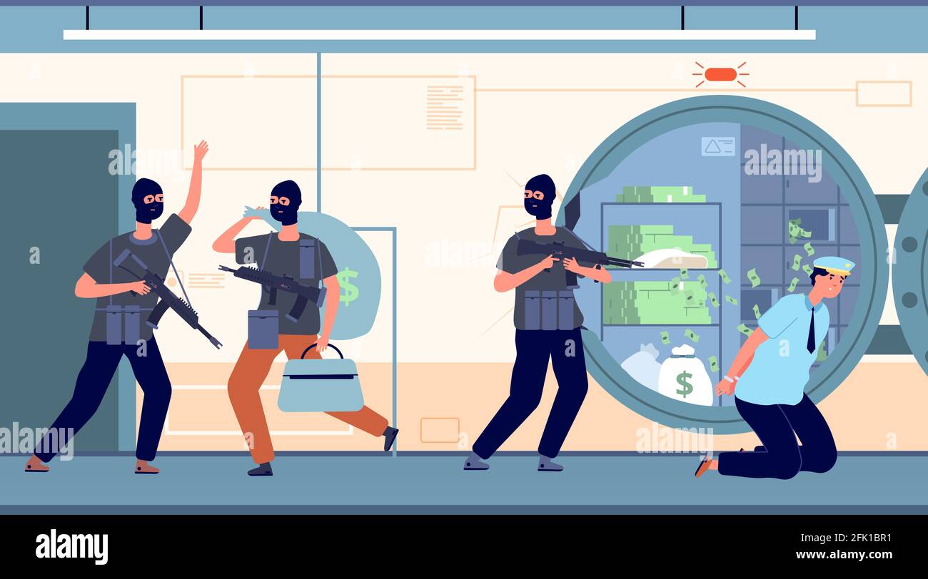 Bank robbery. Banking robbers with money. Cartoon thieves, finance crime. Protection or security financial organization vector illustration Stock Vector