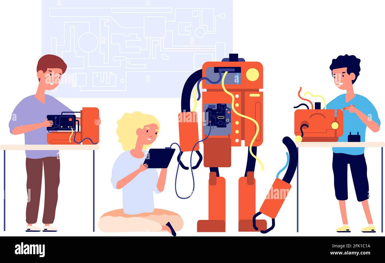 Robotics. Robots presentation, school engineering technology. Children