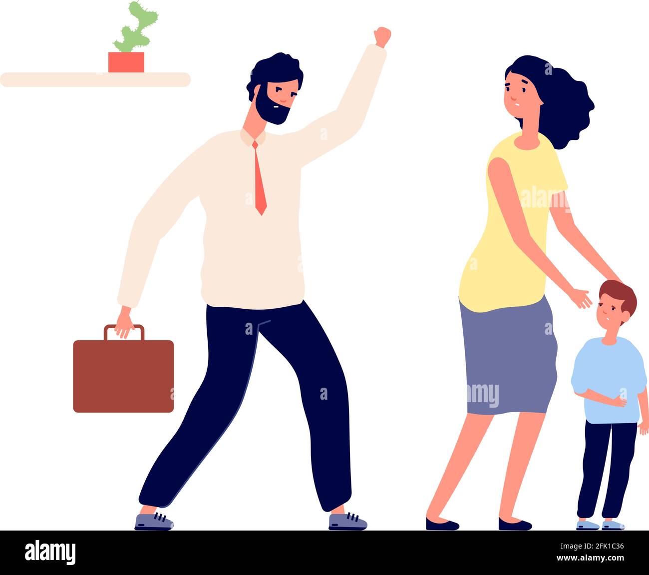 Family conflict. Abusing or bullying, confused woman and boy. Tired aggressive man. Father screams, mother protect little son vector illustration Stock Vector