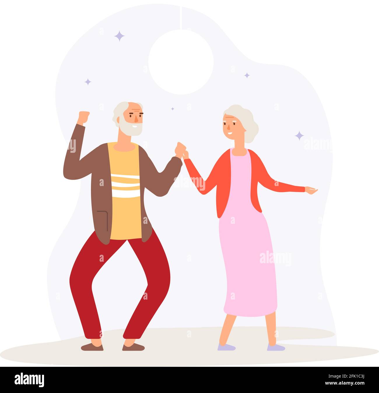 Grandparents dancing. Happy elderly couple party. Man woman dance on disco, fun active time. Old people relax vector illustration Stock Vector
