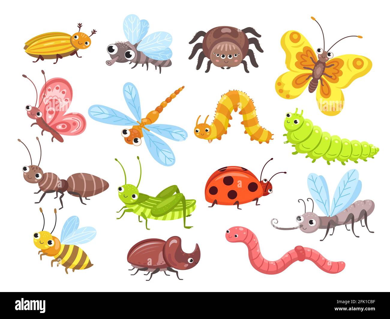 Cartoon insects. Fly bug, cute butterfly and beetle. Funny garden animals.  Ant bumblebee and spider ladybug for children vector illustration Stock  Vector Image & Art - Alamy