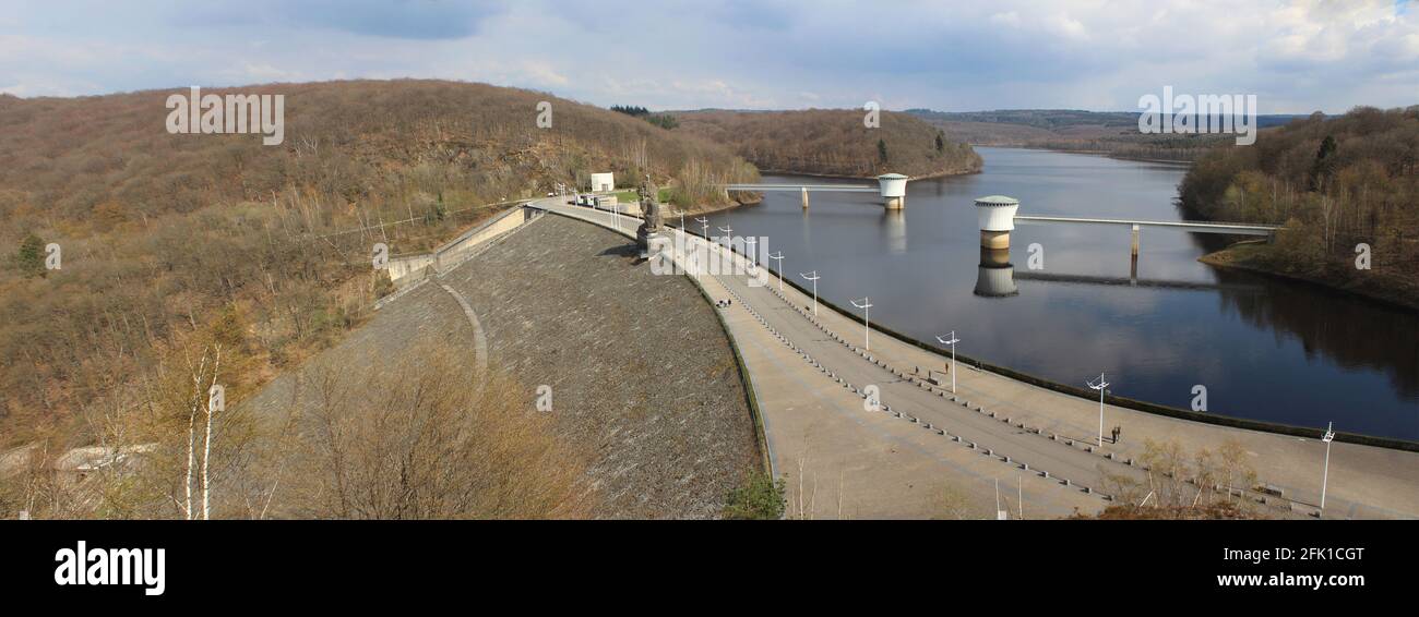 Panoramic view of the Gileppe Dam and Gileppe Lake near Jalhay in Wallonia, Belgium. The arch gravity dam is the highest in Belgium. Stock Photo