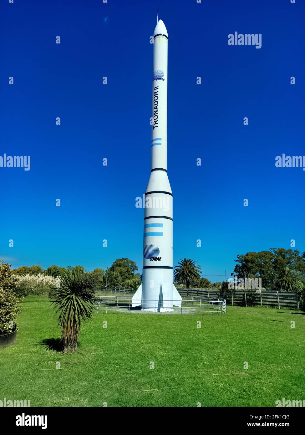 PIPINAS, PUNTA INDIO, BUENOS AIRES, ARGENTINA - Apr 06, 2021: Shot of the replica of the Tronador II space launcher designed to place satellites into Stock Photo