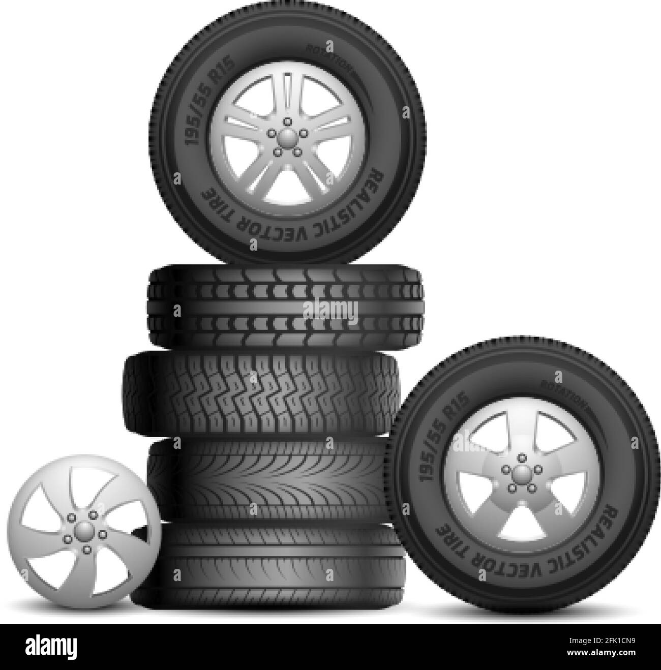 Rubber tires. Isolated realistic car wheels. Aito service, tire repair. Black wheel rim vector illustration Stock Vector