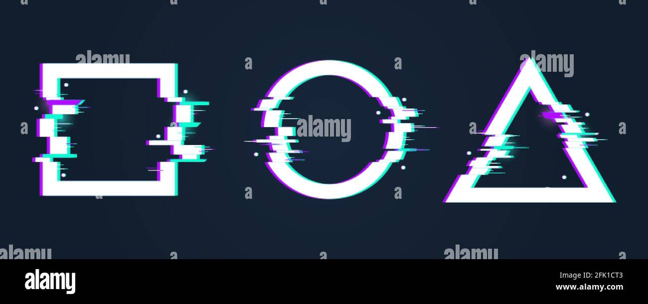 Glitch effect frames. Circle distorted shape. Digital broken triangle