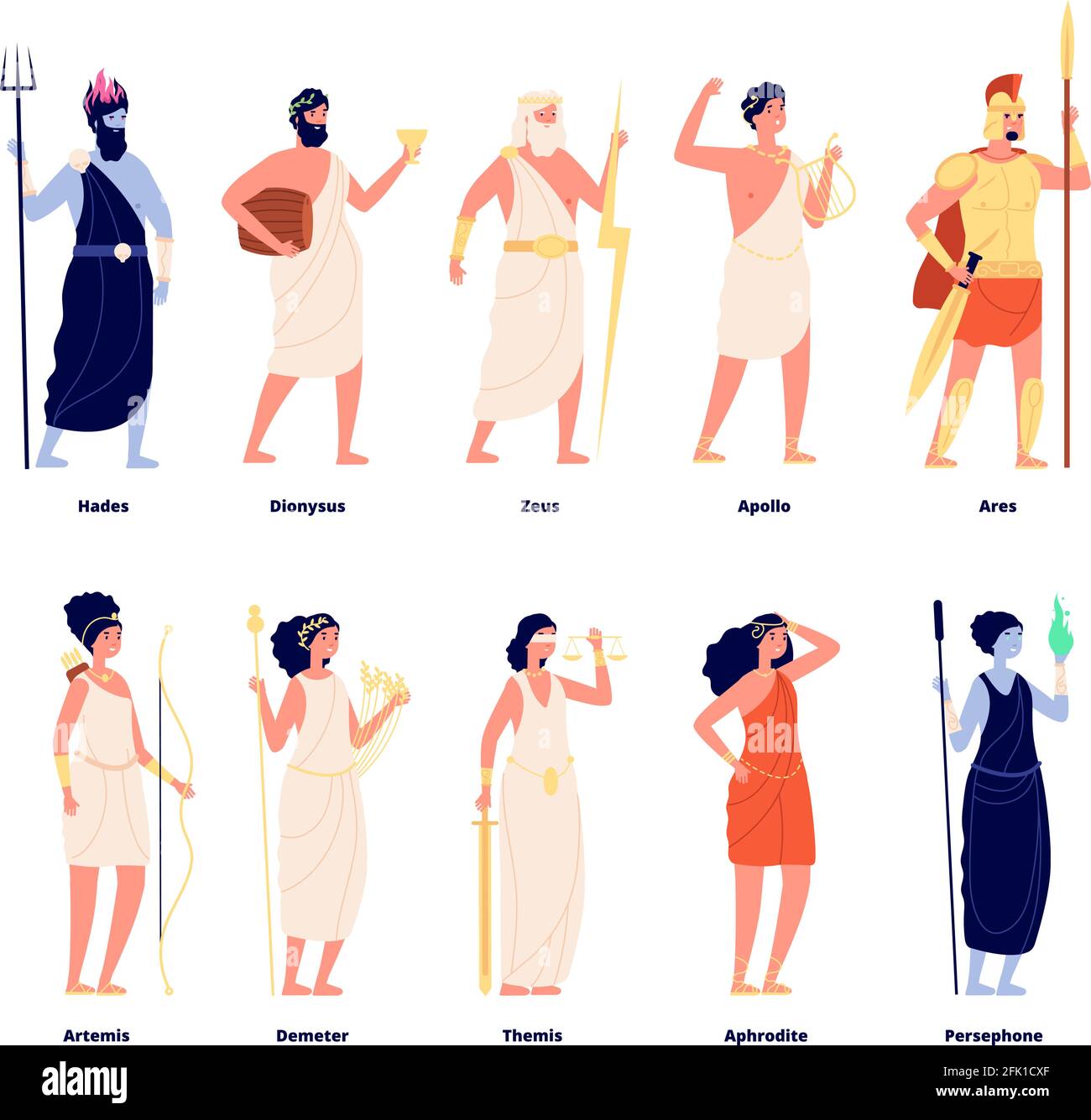 Greek gods. Mythology goddess collection. Cartoon olympians, zeus aphrodite dionysus. Isolated tale stylish characters vector illustration Stock Vector