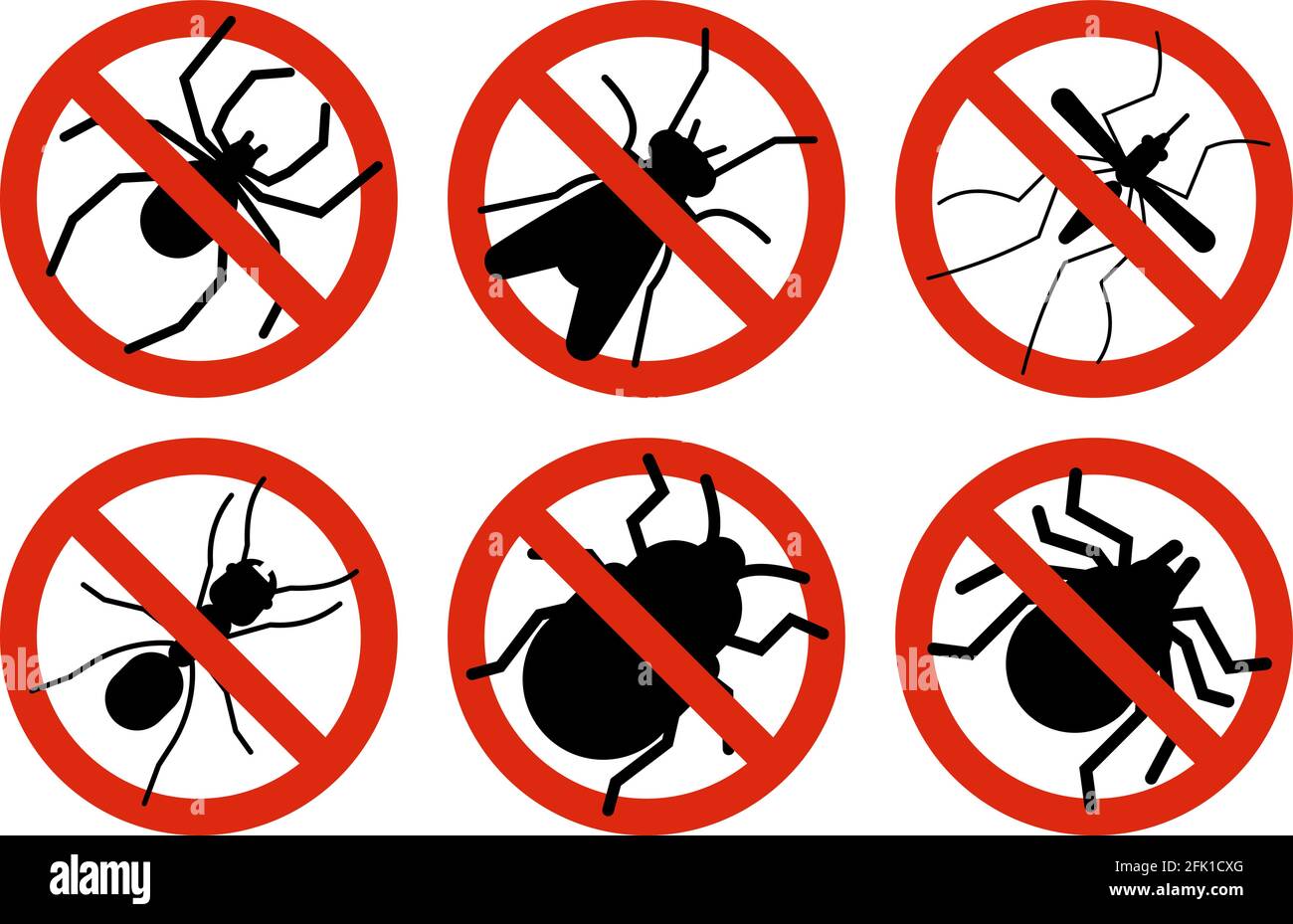 Stop insects. Tick, bugs and mosquito silhouettes. Warning prohibited sign, anti insect vector icons Stock Vector